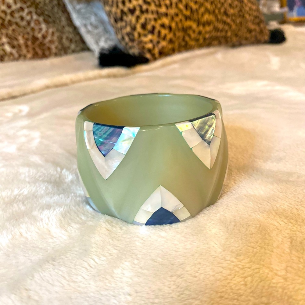 Beautiful green and mother of pearl chevron design cuff bracelet